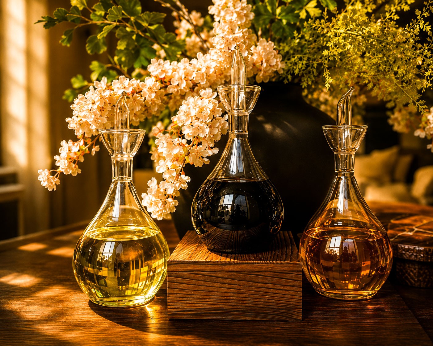 Three luxury perfume oil decanters glowing in warm golden light beside cherry blossoms