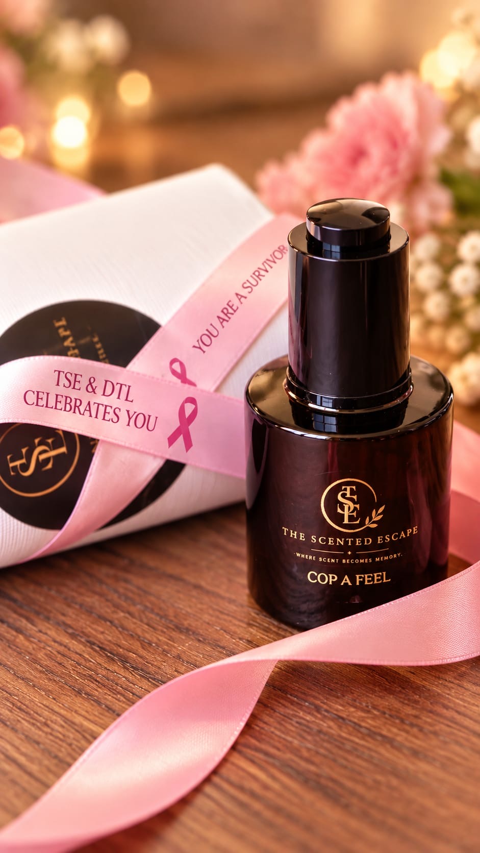 Cop a Feel perfume oil beside its gift tube, tied with a pink ribbon reading TSE and DTL celebrates you, you are a survivor